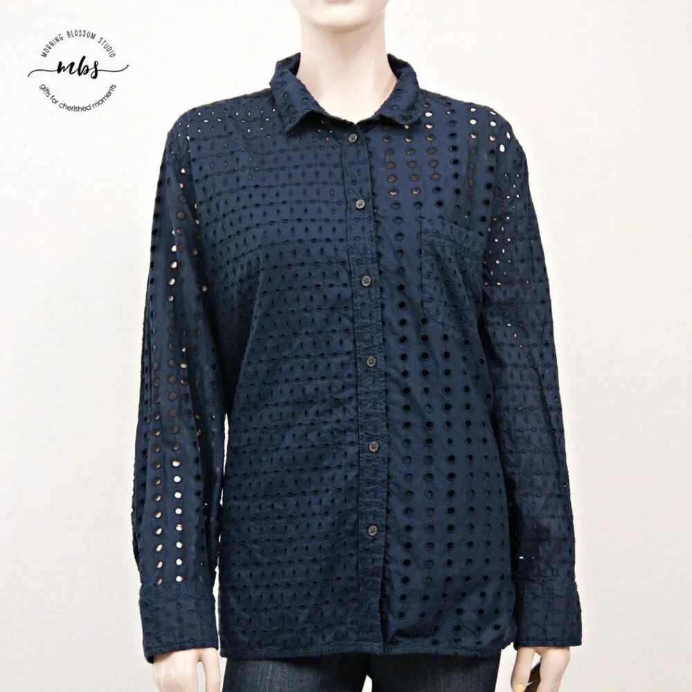 J. Crew Classic Fit Eyelet Button Down Cotton Shirt With Camisole Navy Women‎ 3X